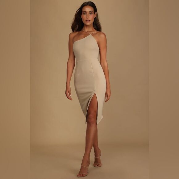 Lulu’s Happiest Hour Beige Asymmetrical Bodycon Midi Dress - Picture 3 of 5